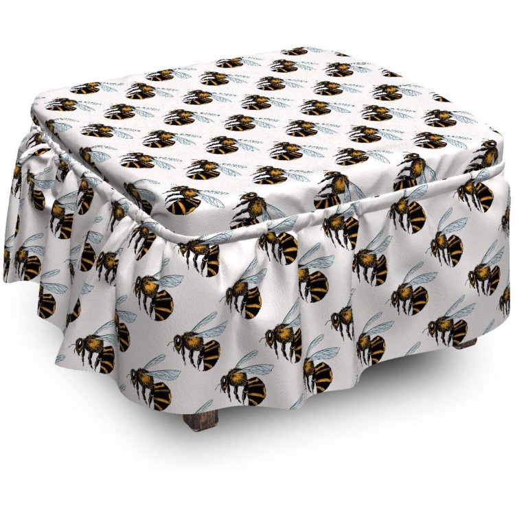Ambesonne Entomology Ottoman Cover Detailed Buzzing Bee 2 Piece Slipcover Set with Ruffle Skirt for Square Round Cube Footstool Decorative Home Accent Standard Size Grey Multicolor