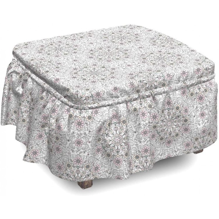 Ambesonne Ethnic Ottoman Cover Flower Swirls Doily Style 2 Piece Slipcover Set with Ruffle Skirt for Square Round Cube Footstool Decorative Home Accent Standard Size Pale Pink Pale Grey and Black
