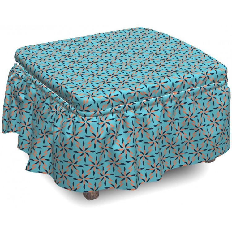 Ambesonne Geometric Ottoman Cover Flower Patterned 2 Piece Slipcover Set with Ruffle Skirt for Square Round Cube Footstool Decorative Home Accent Standard Size Blue Vermilion Black