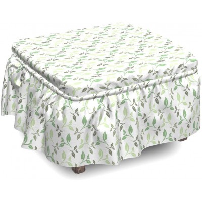 Ambesonne Green Ottoman Cover Tea Leaves Faded Colors 2 Piece Slipcover Set with Ruffle Skirt for Square Round Cube Footstool Decorative Home Accent Standard Size Green Army Green