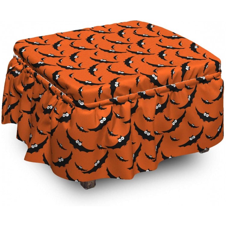 Ambesonne Halloween Ottoman Cover Flying Bats Repetition 2 Piece Slipcover Set with Ruffle Skirt for Square Round Cube Footstool Decorative Home Accent Standard Size Orange Grey