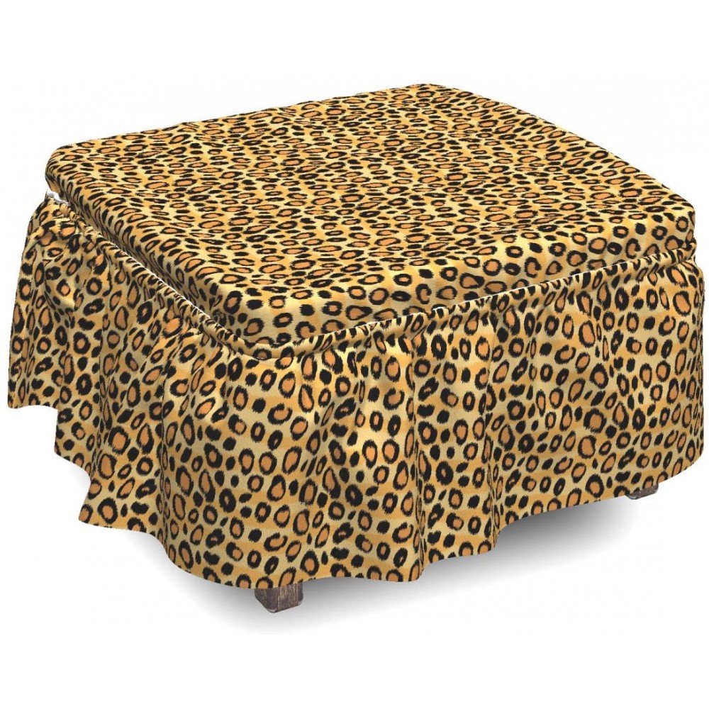 Ambesonne Leopard Print Ottoman Cover Wild Feline Tile 2 Piece Slipcover Set with Ruffle Skirt for Square Round Cube Footstool Decorative Home Accent Standard Size Orange Black