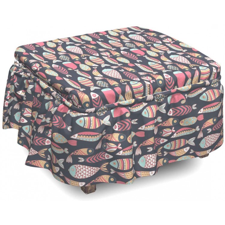 Ambesonne Nautical Ottoman Cover Marine Ornate Fish Doodle 2 Piece Slipcover Set with Ruffle Skirt for Square Round Cube Footstool Decorative Home Accent Standard Size Multicolor