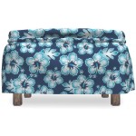 Ambesonne Navy Ottoman Cover Hibiscus Hawaiian Flowers 2 Piece Slipcover Set with Ruffle Skirt for Square Round Cube Footstool Decorative Home Accent Standard Size Dark Blue and Sky Blue