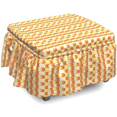 Ambesonne Retro Ottoman Cover Wavy Pattern Half Moon 2 Piece Slipcover Set with Ruffle Skirt for Square Round Cube Footstool Decorative Home Accent Standard Size Orange Yellow Dust