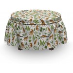 Ambesonne Safari Ottoman Cover Wilderness Leopards Leaf 2 Piece Slipcover Set with Ruffle Skirt for Square Round Cube Footstool Decorative Home Accent Standard Size Fern Green Apricot White