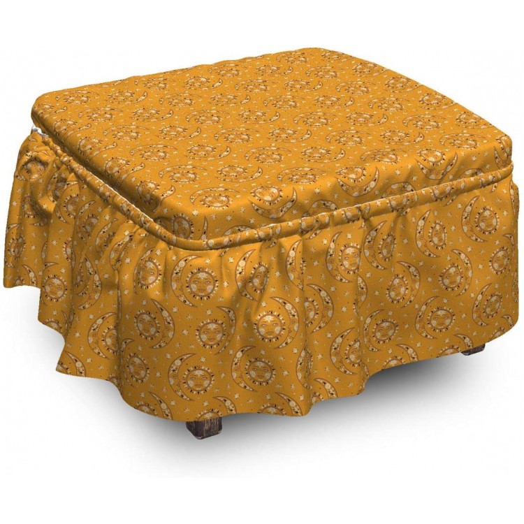 Ambesonne Sun and Moon Ottoman Cover Celestial Mystic 2 Piece Slipcover Set with Ruffle Skirt for Square Round Cube Footstool Decorative Home Accent Standard Size Orange Charcoal Grey