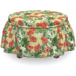 Ambesonne Tropical Ottoman Cover Exotic Flowers Pattern 2 Piece Slipcover Set with Ruffle Skirt for Square Round Cube Footstool Decorative Home Accent Standard Size Red Pale Yellow Green