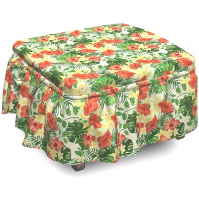 Ambesonne Tropical Ottoman Cover Exotic Flowers Pattern 2 Piece Slipcover Set with Ruffle Skirt for Square Round Cube Footstool Decorative Home Accent Standard Size Red Pale Yellow Green