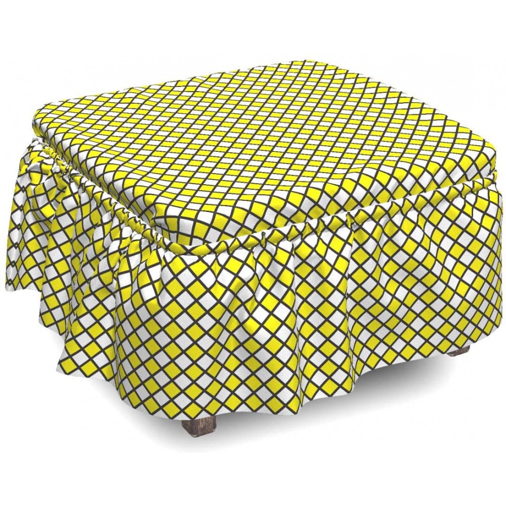 Ambesonne Yellow and White Ottoman Cover Geometric Old 2 Piece Slipcover Set with Ruffle Skirt for Square Round Cube Footstool Decorative Home Accent Standard Size Yellow White Black