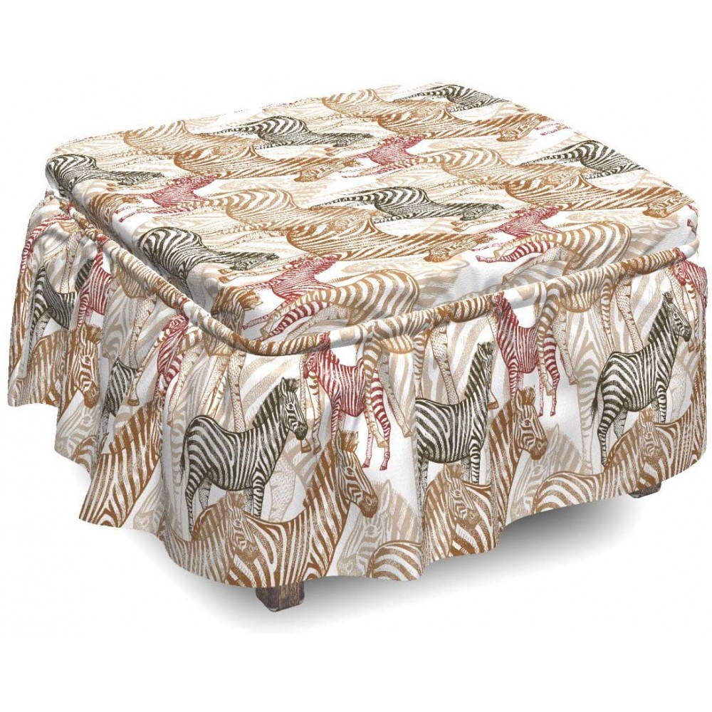 Ambesonne Zebra Ottoman Cover Camo 2 Piece Slipcover Set with Ruffle Skirt for Square Round Cube Footstool Decorative Home Accent Standard Size Pale Caramel Green Brown Ruby