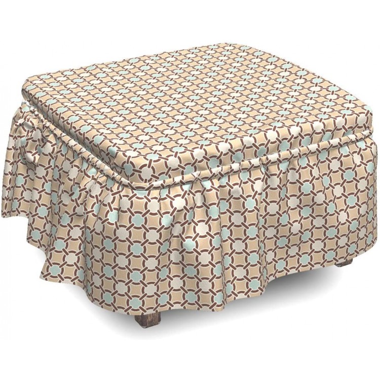 Lunarable Abstract Ottoman Cover Floral Motif Chain Mesh 2 Piece Slipcover Set with Ruffle Skirt for Square Round Cube Footstool Decorative Home Accent Standard Size Brown Sand Brown Baby Blue