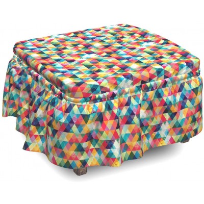 Lunarable Abstract Triangle Ottoman Cover Retro Motif 80s 2 Piece Slipcover Set with Ruffle Skirt for Square Round Cube Footstool Decorative Home Accent Standard Size Multicolor