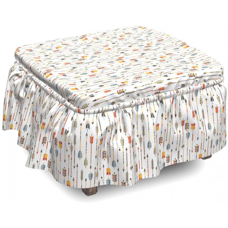 Lunarable Arrow Ottoman Cover Colorful Prehistoric Culture 2 Piece Slipcover Set with Ruffle Skirt for Square Round Cube Footstool Decorative Home Accent Standard Size Multicolor