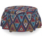 Lunarable Aztec Ottoman Cover Folklore Repetitive Triangles 2 Piece Slipcover Set with Ruffle Skirt for Square Round Cube Footstool Decorative Home Accent Standard Size Indigo and Multicolor