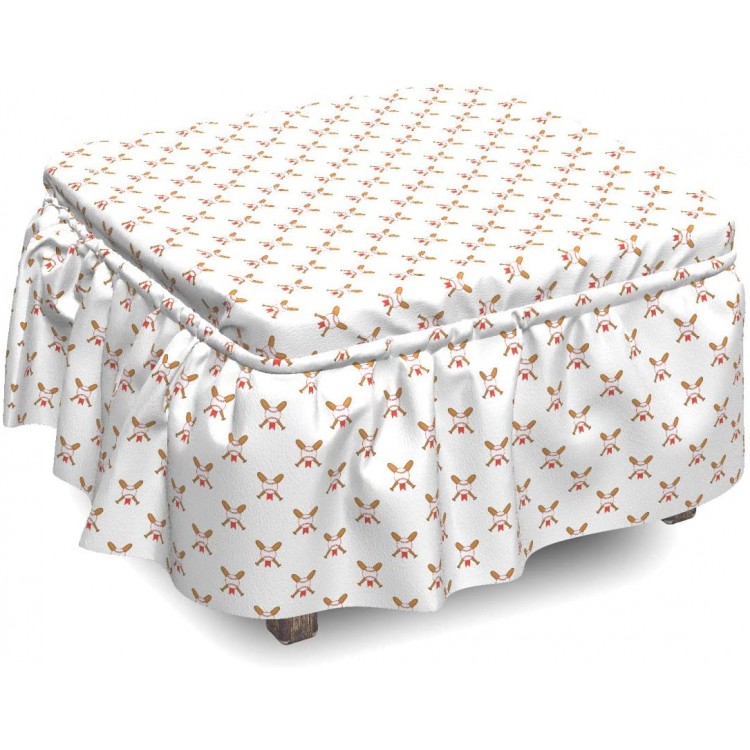 Lunarable Baseball Ottoman Cover Crossed Bats with Balls 2 Piece Slipcover Set with Ruffle Skirt for Square Round Cube Footstool Decorative Home Accent Standard Size Pale Brown Red White