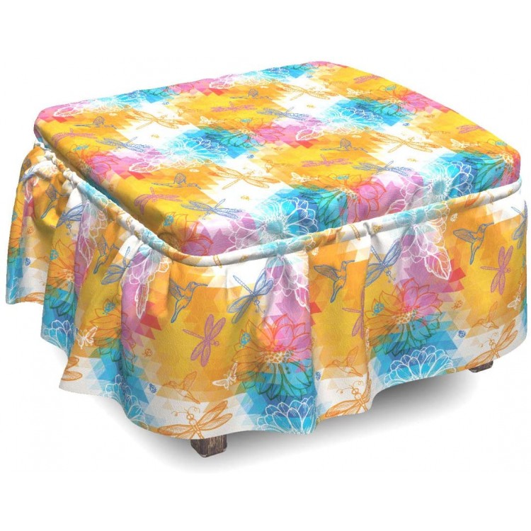 Lunarable Batik Ottoman Cover Sketches of Birds Butterfly 2 Piece Slipcover Set with Ruffle Skirt for Square Round Cube Footstool Decorative Home Accent Standard Size Multicolor