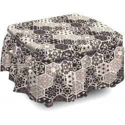 Lunarable Beige Ottoman Cover Hexagon Mosaic Bohemian 2 Piece Slipcover Set with Ruffle Skirt for Square Round Cube Footstool Decorative Home Accent Standard Size Black and Beige
