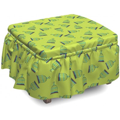 Lunarable Birdcage Ottoman Cover Retro on Green Color 2 Piece Slipcover Set with Ruffle Skirt for Square Round Cube Footstool Decorative Home Accent Standard Size Apple Green Blue Vermilion