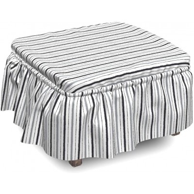 Lunarable Black and Grey Ottoman Cover Rough Vertical Lines 2 Piece Slipcover Set with Ruffle Skirt for Square Round Cube Footstool Decorative Home Accent Standard Size Black Grey and White
