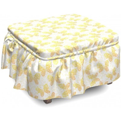 Lunarable Butterfly Ottoman Cover Delicate Winged Bubbles 2 Piece Slipcover Set with Ruffle Skirt for Square Round Cube Footstool Decorative Home Accent Standard Size Mustard Orange and White