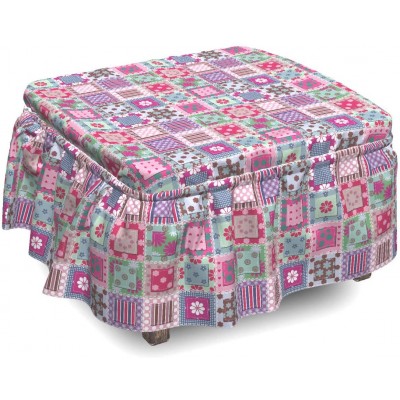 Lunarable Cabin Ottoman Cover Old Fashioned Quilt 2 Piece Slipcover Set with Ruffle Skirt for Square Round Cube Footstool Decorative Home Accent Standard Size Multicolor