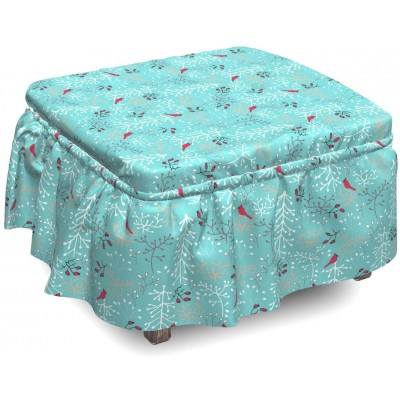 Lunarable Cardinal Bird Ottoman Cover Botanical Elements 2 Piece Slipcover Set with Ruffle Skirt for Square Round Cube Footstool Decorative Home Accent Standard Size Dark Seafoam and Multicolor