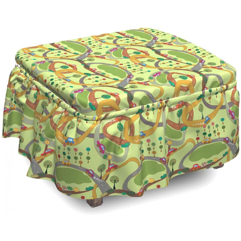 Lunarable Cars Ottoman Cover Cartoon Cars on Country Road 2 Piece Slipcover Set with Ruffle Skirt for Square Round Cube Footstool Decorative Home Accent Standard Size Multicolor