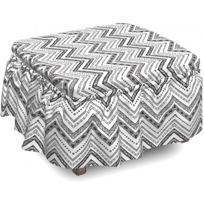 Lunarable Chevron Ottoman Cover Hand Drawn Style Zig Zag 2 Piece Slipcover Set with Ruffle Skirt for Square Round Cube Footstool Decorative Home Accent Standard Size Black White