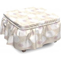 Lunarable Cream Ottoman Cover Floral Arrangement Circles 2 Piece Slipcover Set with Ruffle Skirt for Square Round Cube Footstool Decorative Home Accent Standard Size Tan White Plum