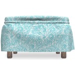 Lunarable Curly Hair Ottoman Cover Curly Wave Doodle Swirls 2 Piece Slipcover Set with Ruffle Skirt for Square Round Cube Footstool Decorative Home Accent Standard Size Aqua White