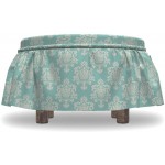 Lunarable Damask Ottoman Cover Nostalgic Delicate Foliage 2 Piece Slipcover Set with Ruffle Skirt for Square Round Cube Footstool Decorative Home Accent Standard Size Turquoise Beige