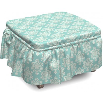 Lunarable Damask Ottoman Cover Nostalgic Delicate Foliage 2 Piece Slipcover Set with Ruffle Skirt for Square Round Cube Footstool Decorative Home Accent Standard Size Turquoise Beige
