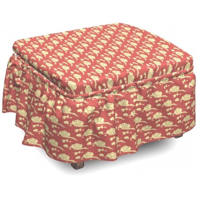Lunarable Eastern Ottoman Cover Ink Art Style Sky 2 Piece Slipcover Set with Ruffle Skirt for Square Round Cube Footstool Decorative Home Accent Standard Size Dark Coral Pale Yellow