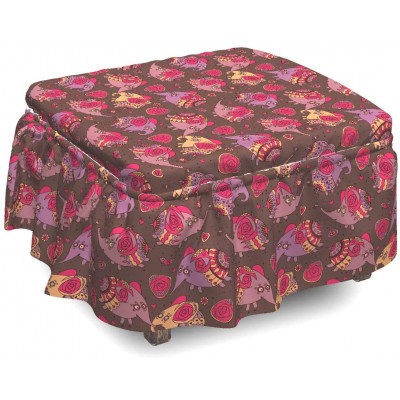 Lunarable Elephant Ottoman Cover Big Animals with Roses 2 Piece Slipcover Set with Ruffle Skirt for Square Round Cube Footstool Decorative Home Accent Standard Size Multicolor