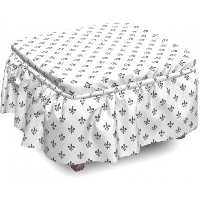 Lunarable Fleur De Lis Ottoman Cover Antique Ornate Lily 2 Piece Slipcover Set with Ruffle Skirt for Square Round Cube Footstool Decorative Home Accent Standard Size Charcoal Grey White