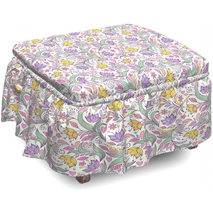 Lunarable Flower Ottoman Cover Colorful Spring Flourish 2 Piece Slipcover Set with Ruffle Skirt for Square Round Cube Footstool Decorative Home Accent Standard Size Multicolor