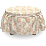 Lunarable Flower Ottoman Cover Vintage Old English Roses 2 Piece Slipcover Set with Ruffle Skirt for Square Round Cube Footstool Decorative Home Accent Standard Size Off White Pale Pink Green