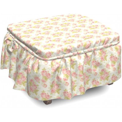 Lunarable Flower Ottoman Cover Vintage Old English Roses 2 Piece Slipcover Set with Ruffle Skirt for Square Round Cube Footstool Decorative Home Accent Standard Size Off White Pale Pink Green