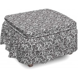 Lunarable Fractal Ottoman Cover Romantic Floral Monochrome 2 Piece Slipcover Set with Ruffle Skirt for Square Round Cube Footstool Decorative Home Accent Standard Size Black and White