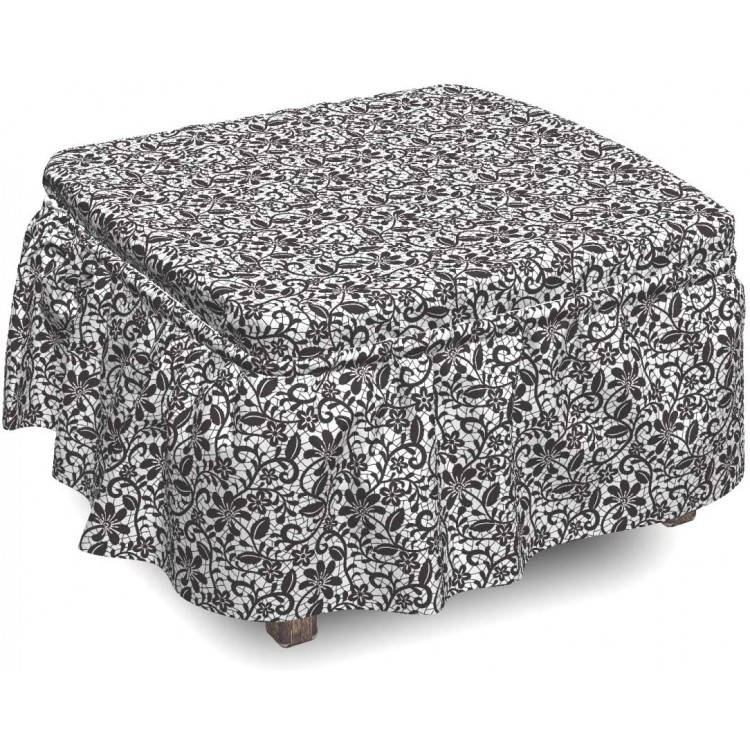 Lunarable Fractal Ottoman Cover Romantic Floral Monochrome 2 Piece Slipcover Set with Ruffle Skirt for Square Round Cube Footstool Decorative Home Accent Standard Size Black and White