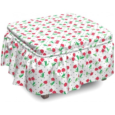 Lunarable Fruit Ottoman Cover Cherries on Simple Polka Dots 2 Piece Slipcover Set with Ruffle Skirt for Square Round Cube Footstool Decorative Home Accent Standard Size Green Red and Black