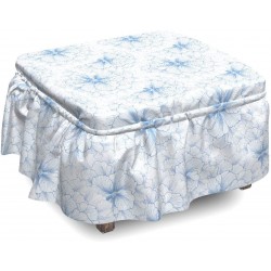 Lunarable Gardening Ottoman Cover Flourish Pattern 2 Piece Slipcover Set with Ruffle Skirt for Square Round Cube Footstool Decorative Home Accent Standard Size Violet Blue and White