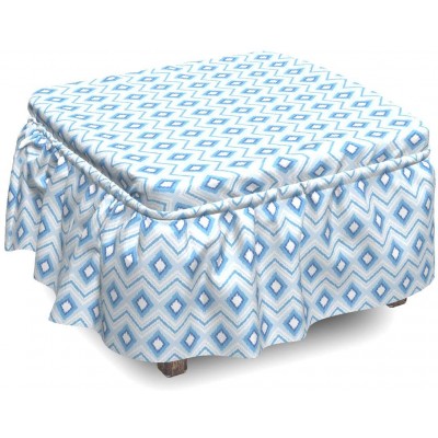 Lunarable Geometric Ottoman Cover Chevron Art Rhombuses 2 Piece Slipcover Set with Ruffle Skirt for Square Round Cube Footstool Decorative Home Accent Standard Size Blue Pale Blue and White