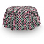 Lunarable Geometric Ottoman Cover Colorful Shapes and Dots 2 Piece Slipcover Set with Ruffle Skirt for Square Round Cube Footstool Decorative Home Accent Standard Size Fern Green and Pale Pink