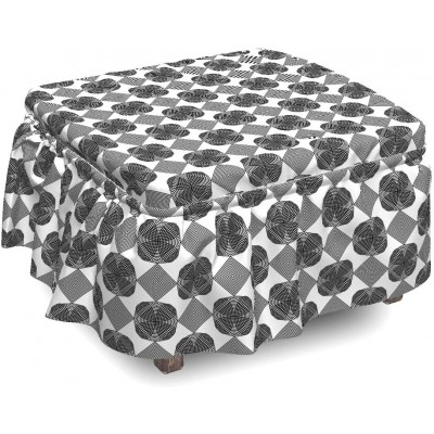 Lunarable Geometric Ottoman Cover Curved Spirals Modern Art 2 Piece Slipcover Set with Ruffle Skirt for Square Round Cube Footstool Decorative Home Accent Standard Size Charcoal Grey and White