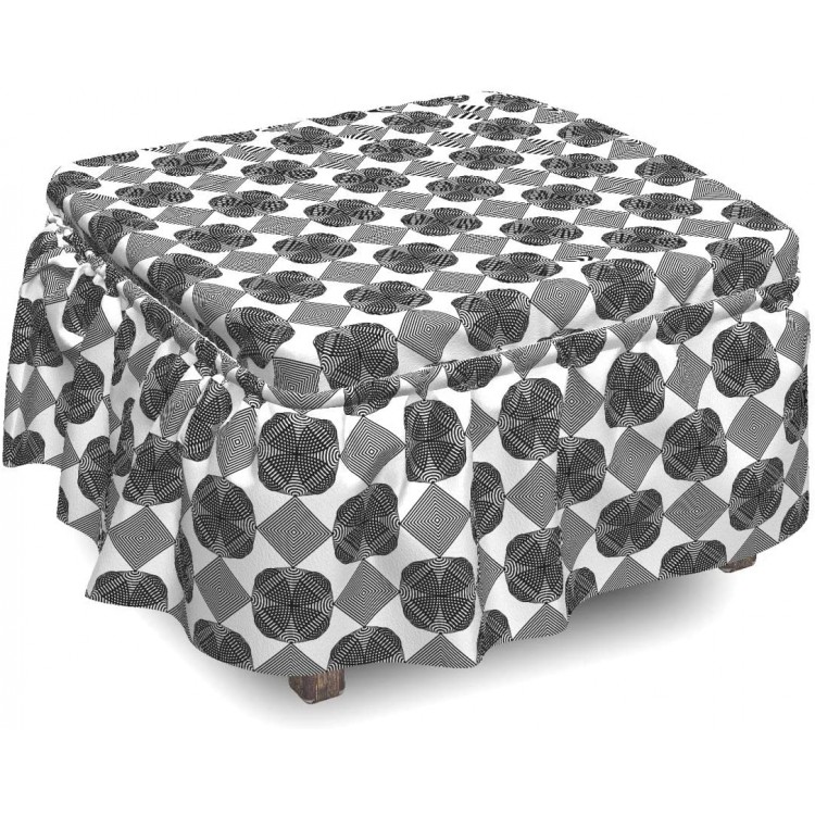 Lunarable Geometric Ottoman Cover Curved Spirals Modern Art 2 Piece Slipcover Set with Ruffle Skirt for Square Round Cube Footstool Decorative Home Accent Standard Size Charcoal Grey and White