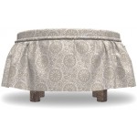 Lunarable Geometric Ottoman Cover Damask Inspired Motif 2 Piece Slipcover Set with Ruffle Skirt for Square Round Cube Footstool Decorative Home Accent Standard Size Warm Taupe and Eggshell