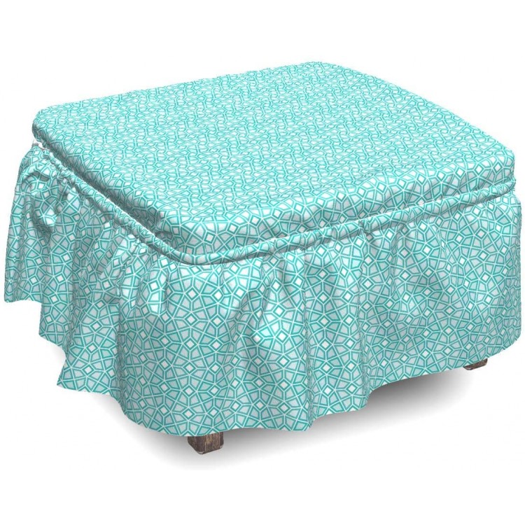 Lunarable Geometric Ottoman Cover Forms Pattern 2 Piece Slipcover Set with Ruffle Skirt for Square Round Cube Footstool Decorative Home Accent Standard Size Turquoise