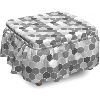 Lunarable Geometric Ottoman Cover Honeycomb Form Greyscale 2 Piece Slipcover Set with Ruffle Skirt for Square Round Cube Footstool Decorative Home Accent Standard Size Grey Pale Grey Charcoal Grey